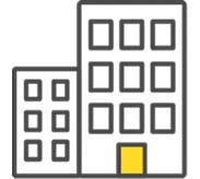 Commercial building cleaning icon. Two dark gray office buildings with a yellow door.