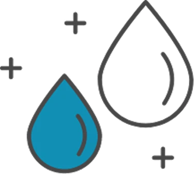 Water drop cleaning icon. Two water droplets—one blue and one gray—surrounded by small sparkle symbols.